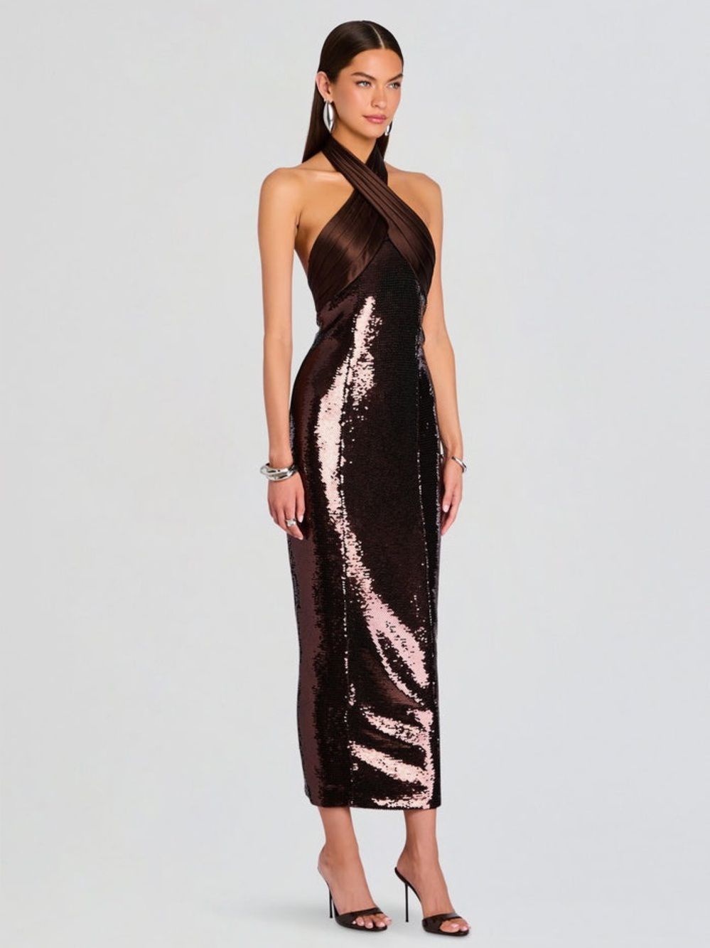 Retrofete Brown Sequin Crisscross Maxi Dress - Picture 3 of 12